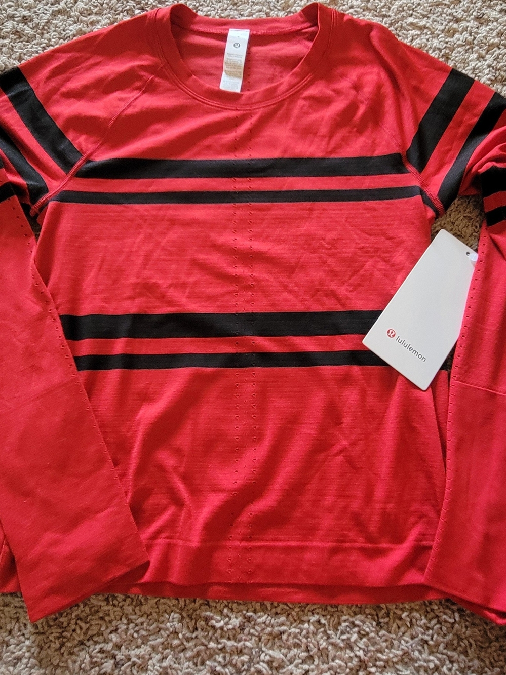 lululemon athletica Red Long-Sleeve Crew with Black Stripe Accents